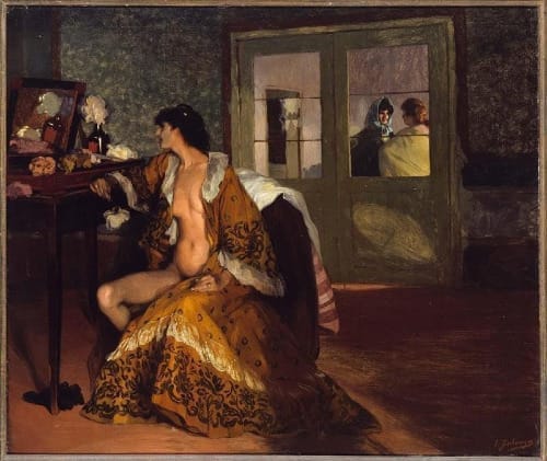 An oil painting of a woman wearing an open robe admiring herself in a mirror on her vanity.